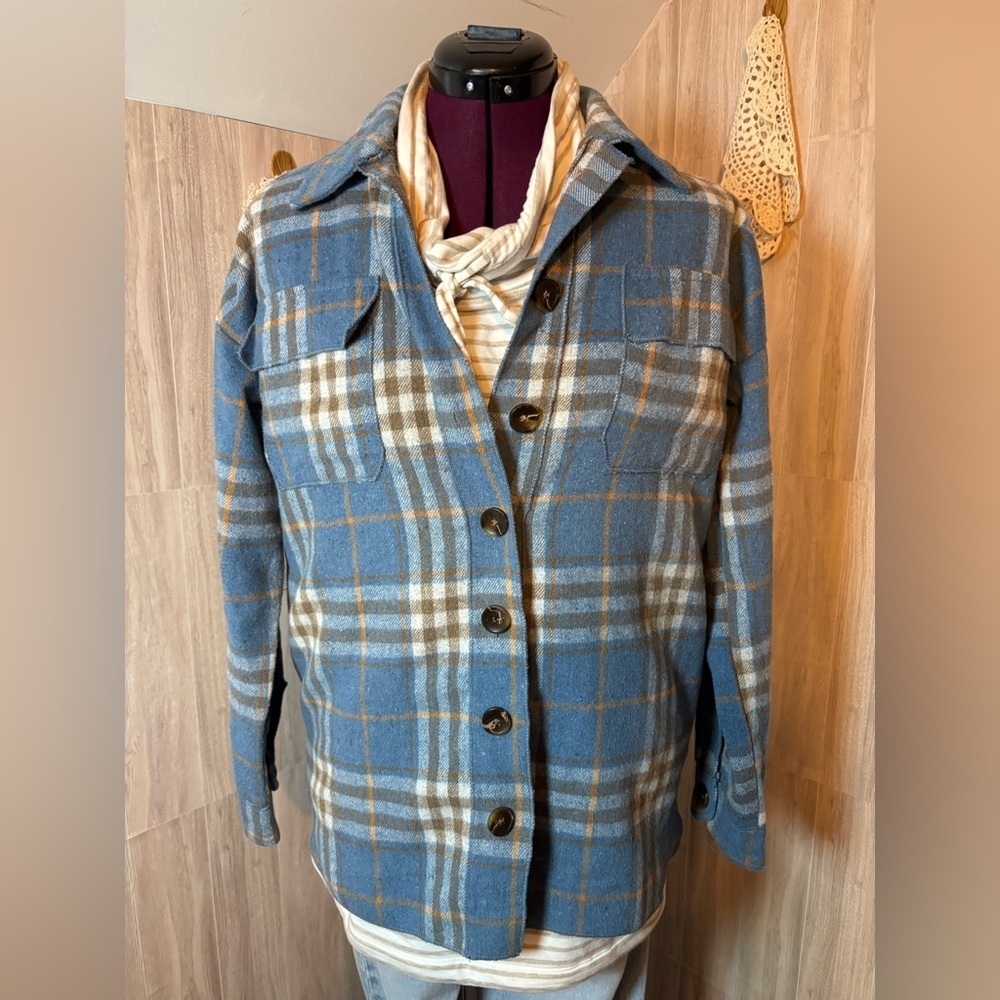 Pink Lily Blue and Tan Plaid Utility Jacket